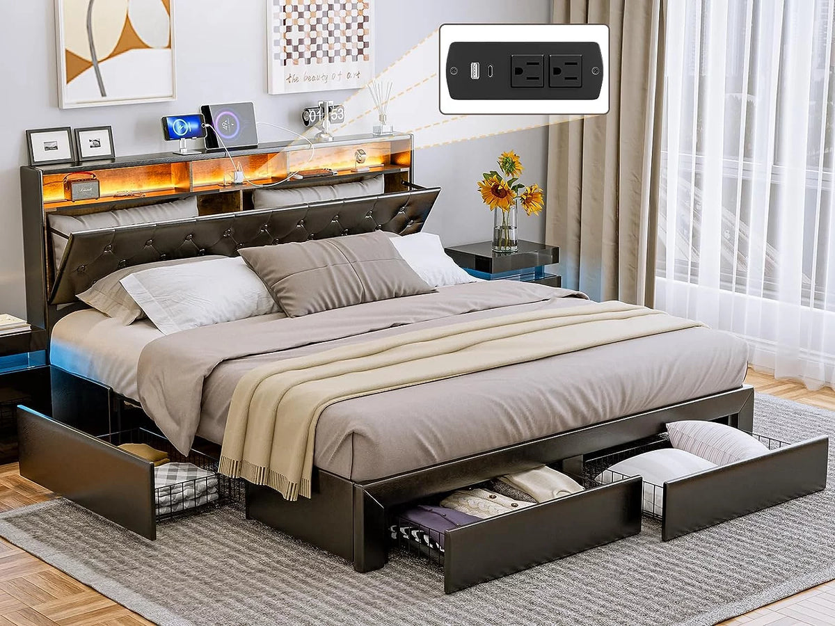 Black King Size Upholstered Platform Bed Frame with 4 Storage Drawers P57392