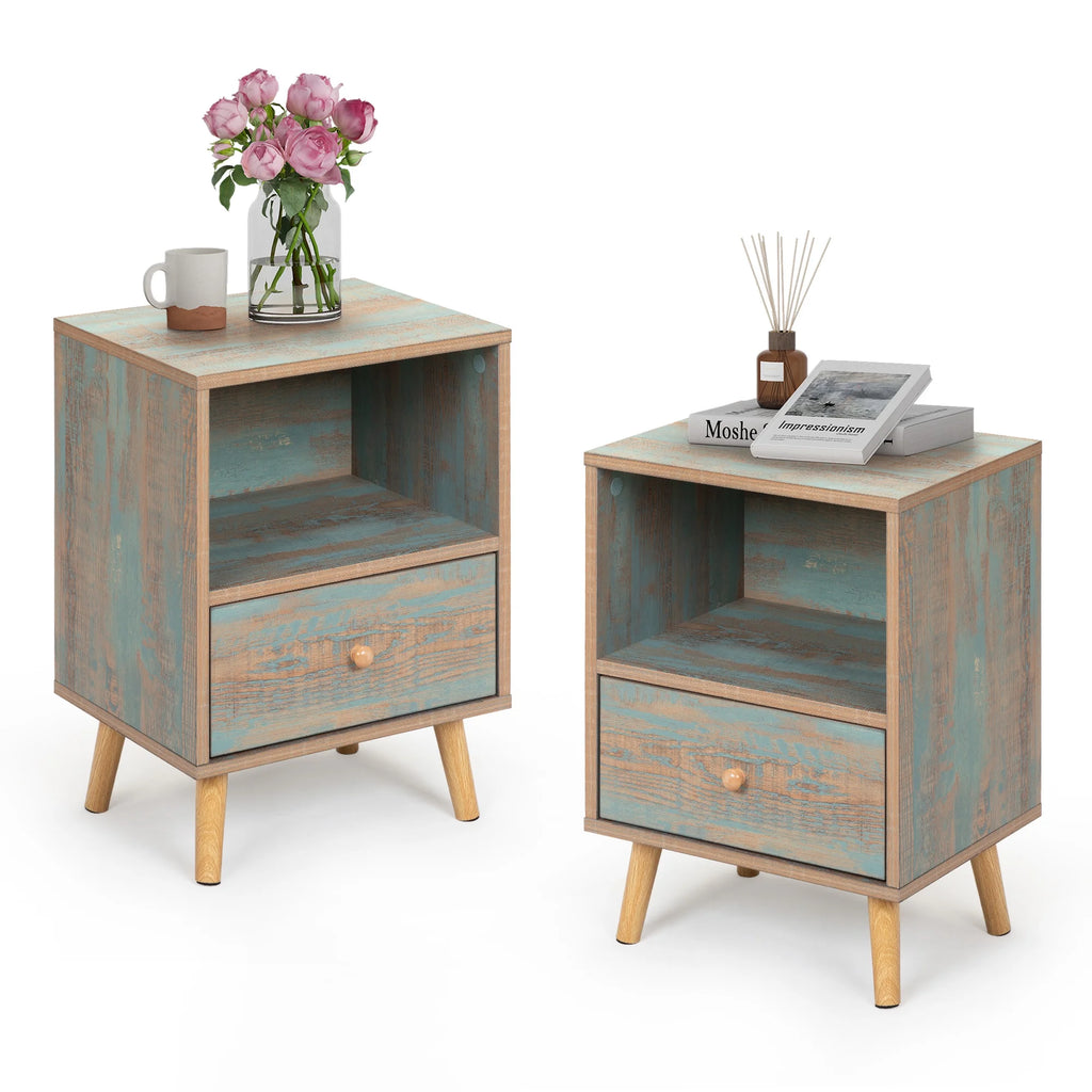 Set of 2 Wooden Nightstand with Drawer and Shelf U5209
