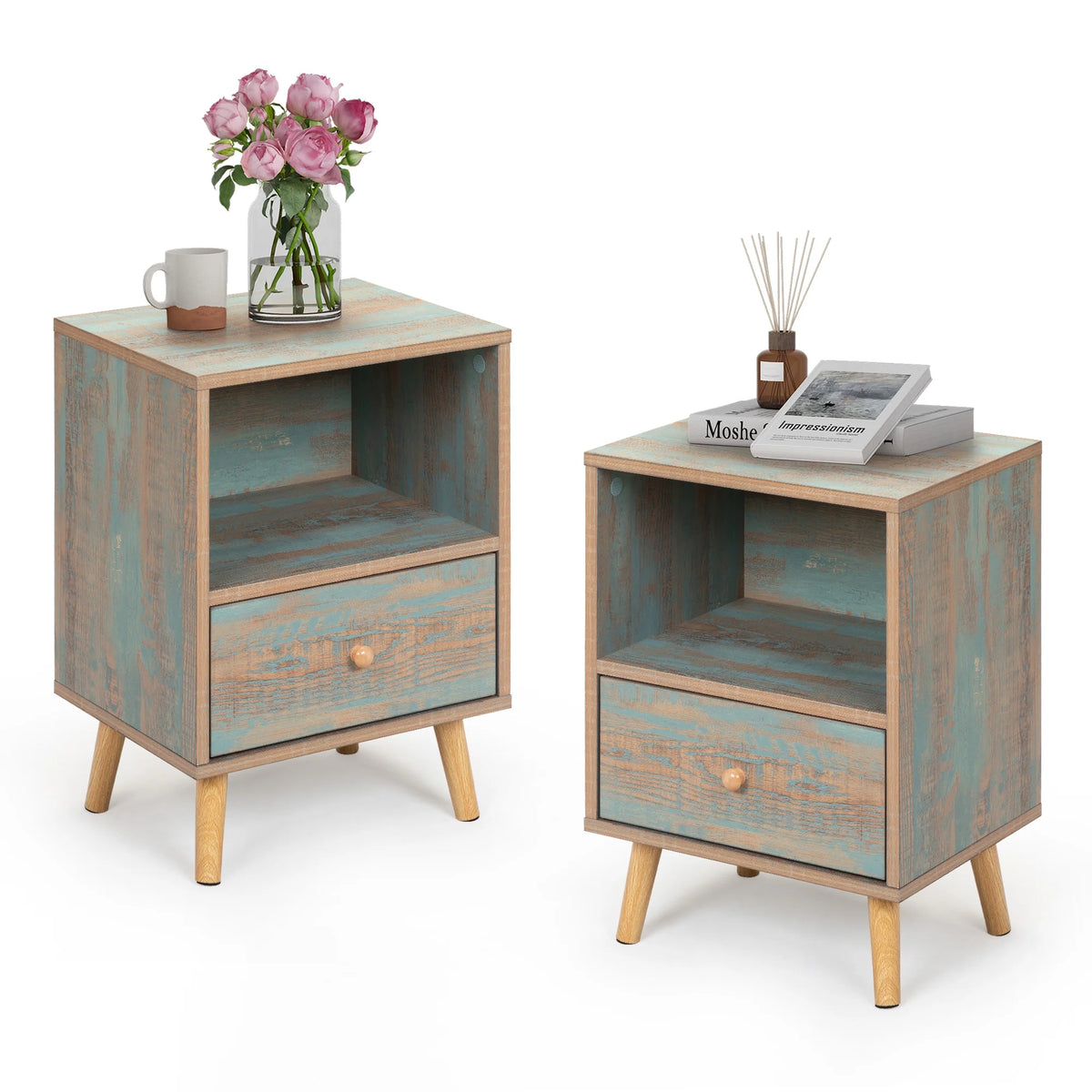 Set of 2 Wooden Nightstand with Drawer and Shelf U5209