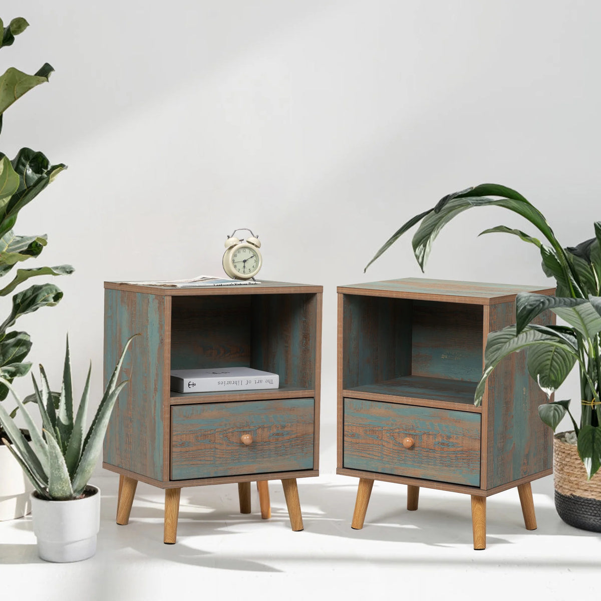 Set of 2 Wooden Nightstand with Drawer and Shelf U5209