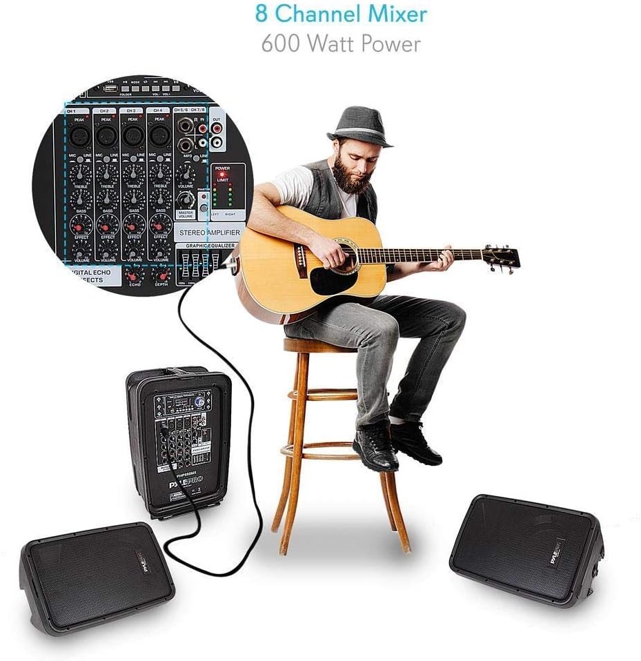 600 Watt 8-Channel Portable Bluetooth PA Speaker Amplifier Kit with 8 Subwoofer and Horn Tweeter G182