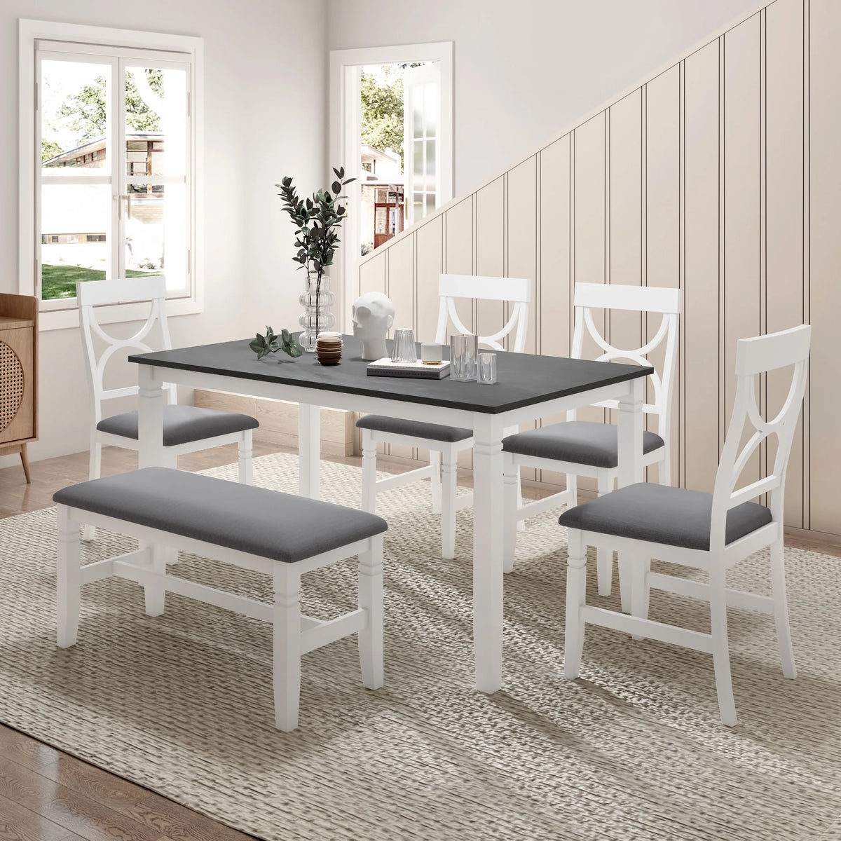 6 Piece Dining Table Set with 4 Chairs and Upholstered Bench P87772